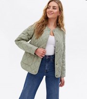 New Look Khaki Quilted Collarless Jacket